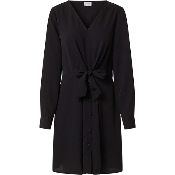 Vila Clothes Black Dress Fit & Flare Long Sleeve Bow Tie and Button Skirt Plunge - Picture 3 of 16